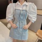 Balloon-sleeve Blouse / Washed Mini Denim Jumper Dress