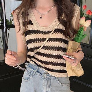 Striped Pointelle Knit Tank Top Stripe - Almond & Coffee - One Size