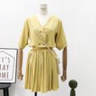 Set: Double-breasted Chiffon Top + Pleated A-line Skirt