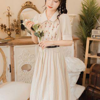 Set: Short-sleeve Floral Embroidered Blouse + Striped Midi A-line Skirt