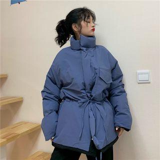 Drawstring-waist Padded Zip Jacket Black & Blue - One Size