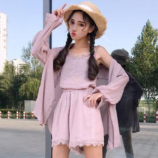 Set: Lace Trim Camisole Top + Shorts + Light Jacket