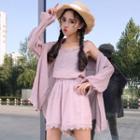 Set: Lace Trim Camisole Top + Shorts + Light Jacket