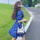 Puff-sleeve Floral Mini A-line Dress 5259 - White Dotted - Blue - One Size
