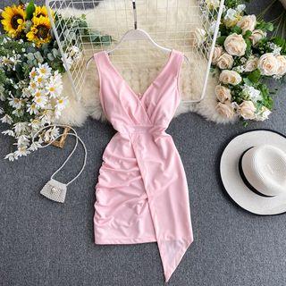 Asymmetric Sleeveless Shirred Mini A-line Dress