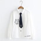Tie Front Cat Embroidery Shirt
