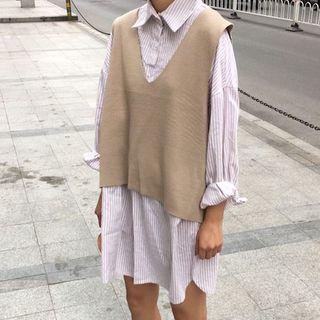 Set: Striped Long Sleeve Shirtdress + Knit Vest