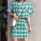 Plaid Short-sleeve Shirt / Plaid Drawstring-waist A-line Skirt