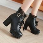 Lace Panel Lace-up Chunky Heel Platform Short Boots