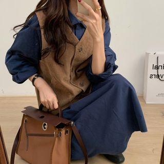 Corduroy Vest / Midi A-line Shirt Dress