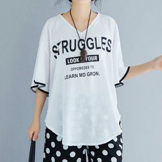 Lettering Elbow-sleeve Top / Dotted Wide Leg Pants