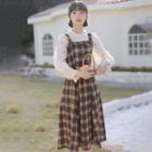 Ruffle Blouse / Plaid Midi Overall Dress / Set