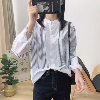 Mandarin Collar Striped Panel Shirt White - One Size