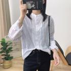 Mandarin Collar Striped Panel Shirt White - One Size