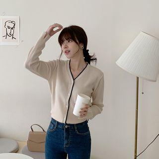 Slit-cuff Dip-back Piped Cardigan Light Beige - One Size