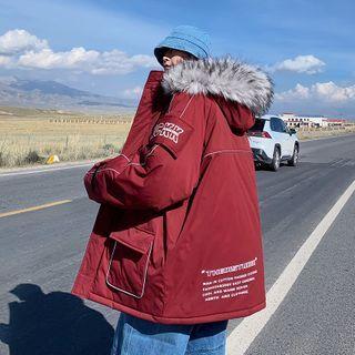 Long-sleeve Letter Printed Faux Fur Hooded Jacket