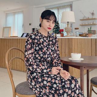 Frill-neck Floral Chiffon Long Dress