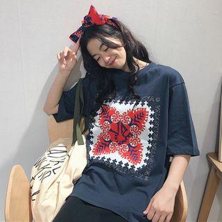 Elbow-sleeve Pattern Print T-shirt