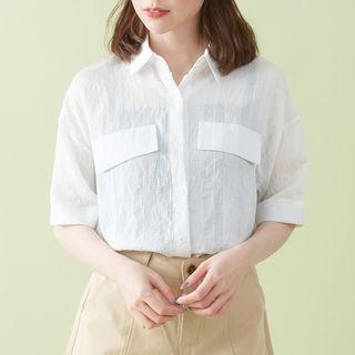 Plain Elbow-sleeve Shirt White - One Size