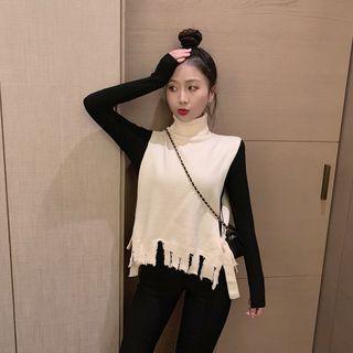 Set: Turtleneck Distressed Knit Vest + Rib Knit Top