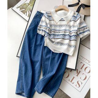 Short-sleeve Striped Knit Top / Wide-leg Jeans