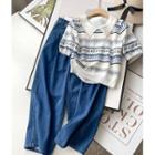 Short-sleeve Striped Knit Top / Wide-leg Jeans