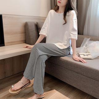 Set: 3/4-sleeve T-shirt + Striped Wide-leg Pants
