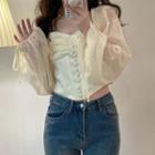 Puff-sleeve Cropped Blouse Beige Almond - One Size