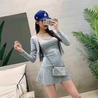 Set: Long-sleeve Cropped Button Top + Sleeveless Mini Dress