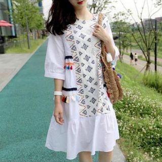 Tasseled Embroidered Elbow Sleeve Dress
