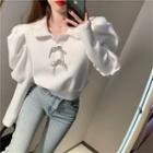 Puff-sleeve Rhinestone Ribbon Top