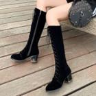 Velvet Lace-up Block-heel Knee High Boots