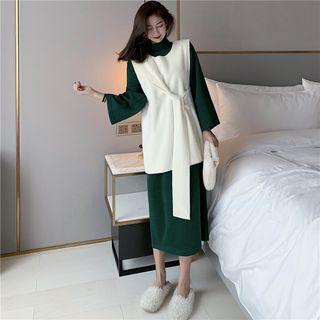 Plain Long-sleeve Loose-fit Knit Dress / Plain Sleeveless Top
