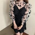 Floral Long-sleeve Mesh Top With Camisole Top / Spaghetti Strap Shirred Mini Bodycon Dress
