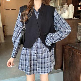 Long Sleeve Plaid Shirt Dress / Plaid Vest