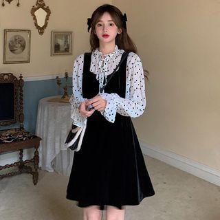 Flared-cuff Dotted Blouse / Pinafore Dress