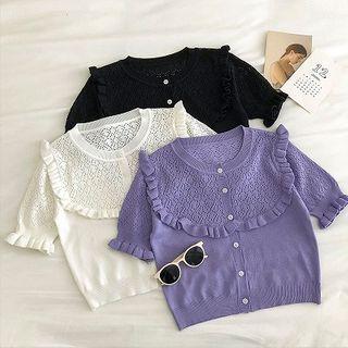 Short-sleeve Frill Trim Button-up Knit Top