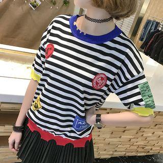 Patch Embroidered Striped Short Sleeve Knit Top
