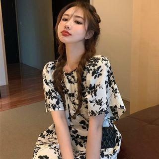 Puff-sleeve Floral Midi Dress With Sash Floral - One Size