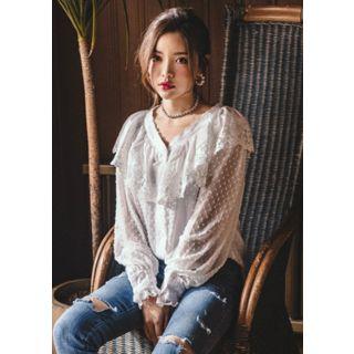 Lace-capelet Dotted Sheer Blouse