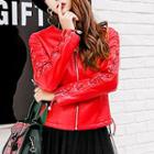 Lace-up Sleeve Faux-leather Biker Jacket