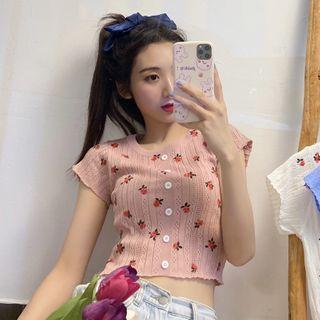 Short-sleeve Floral Cropped Knit Top