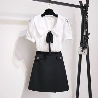 Set: Short-sleeve Collared Top + A-line Skirt