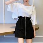 Cold Shoulder Lettering Elbow-sleeve T-shirt / Zip Detail Mini A-line Skirt