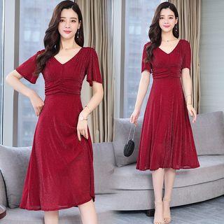 Flutter Sleeve V-neck Midi A-line Dress