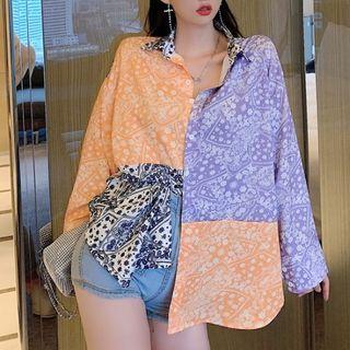Long-sleeve Contrast Print Shirt As Shown In Figure - One Size