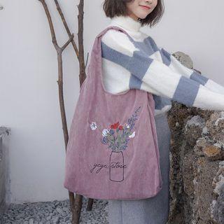 Floral Embroidered Corduroy Tote Bag