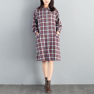 Long-sleeve Plaid Pocketed A-line Shirtdress