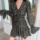 V-neck Smocked Drawstring Floral Dress