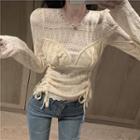 Long-sleeve Drawstring Lace Top Almond - One Size